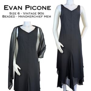 Evan Picone Midi Maxi Dress 6 Black Beaded Sleeveless Sheer Scarf Hem + Wrap VTG